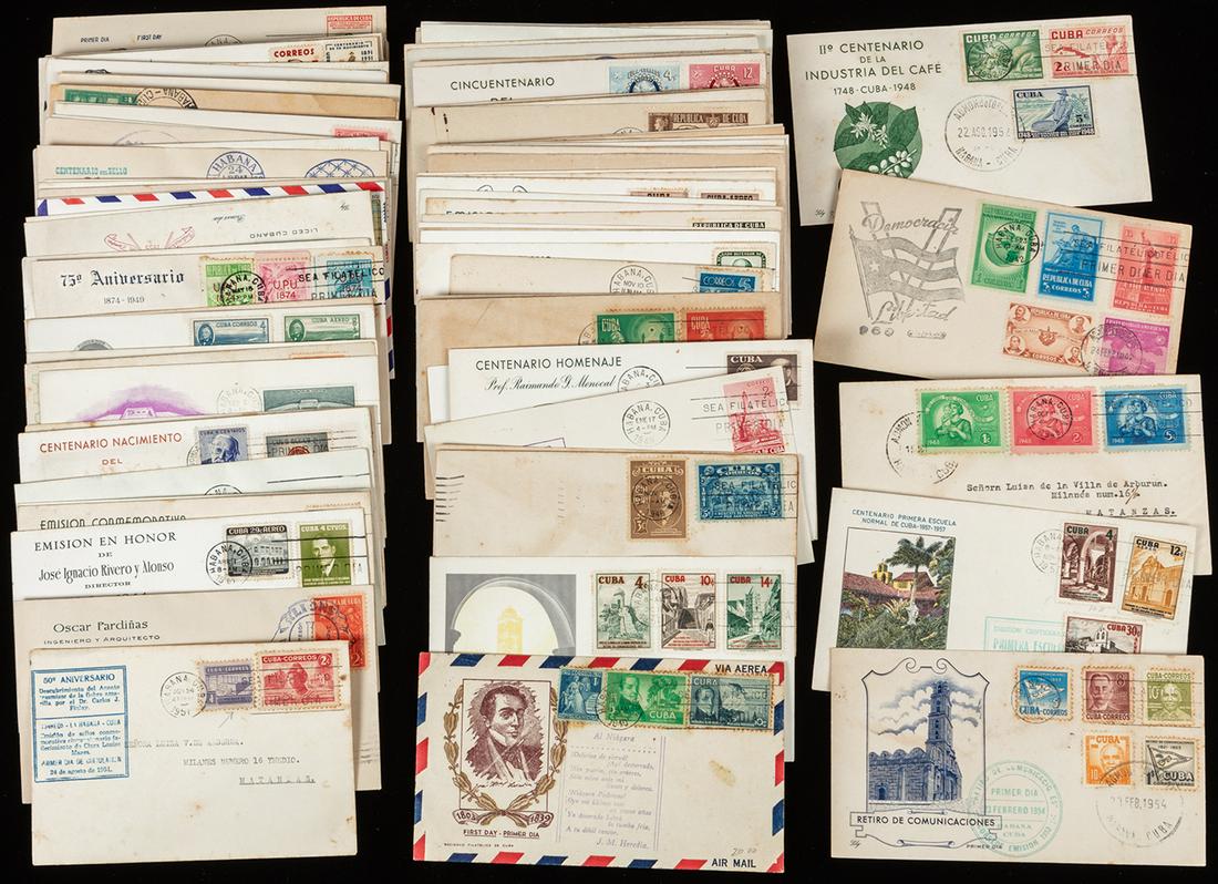Cuba Covers Group: Cuba Covers Group. About 130 covers mainly from 1940's-50's, most are FDC's and there is some toning as normally seen on these items. Estimated Value $100-UP.