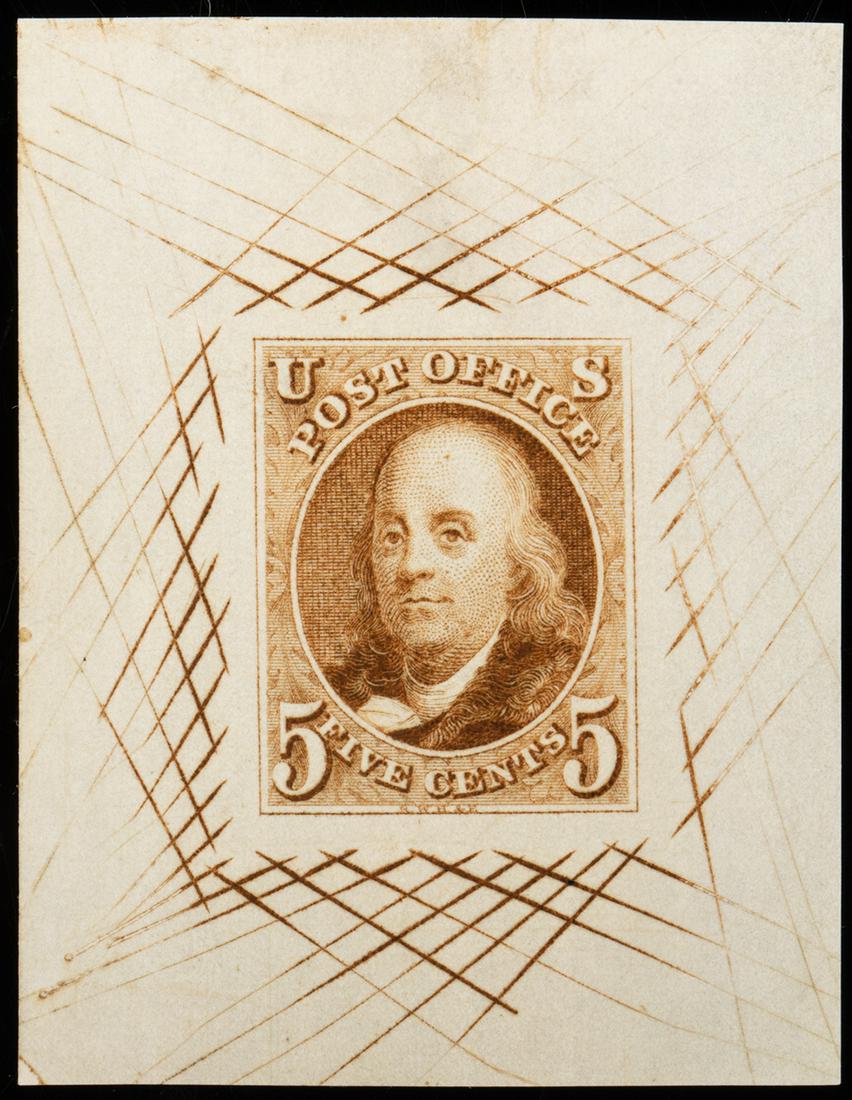 1847, 5Â¢ red brown, large die proof on white bond: P 1847, 5¢ red brown, large die proof on white bond paper. Very fine item accompanied with 2005 PSE certificate. Scott No. 1P1a. Estimated Value $600-UP.