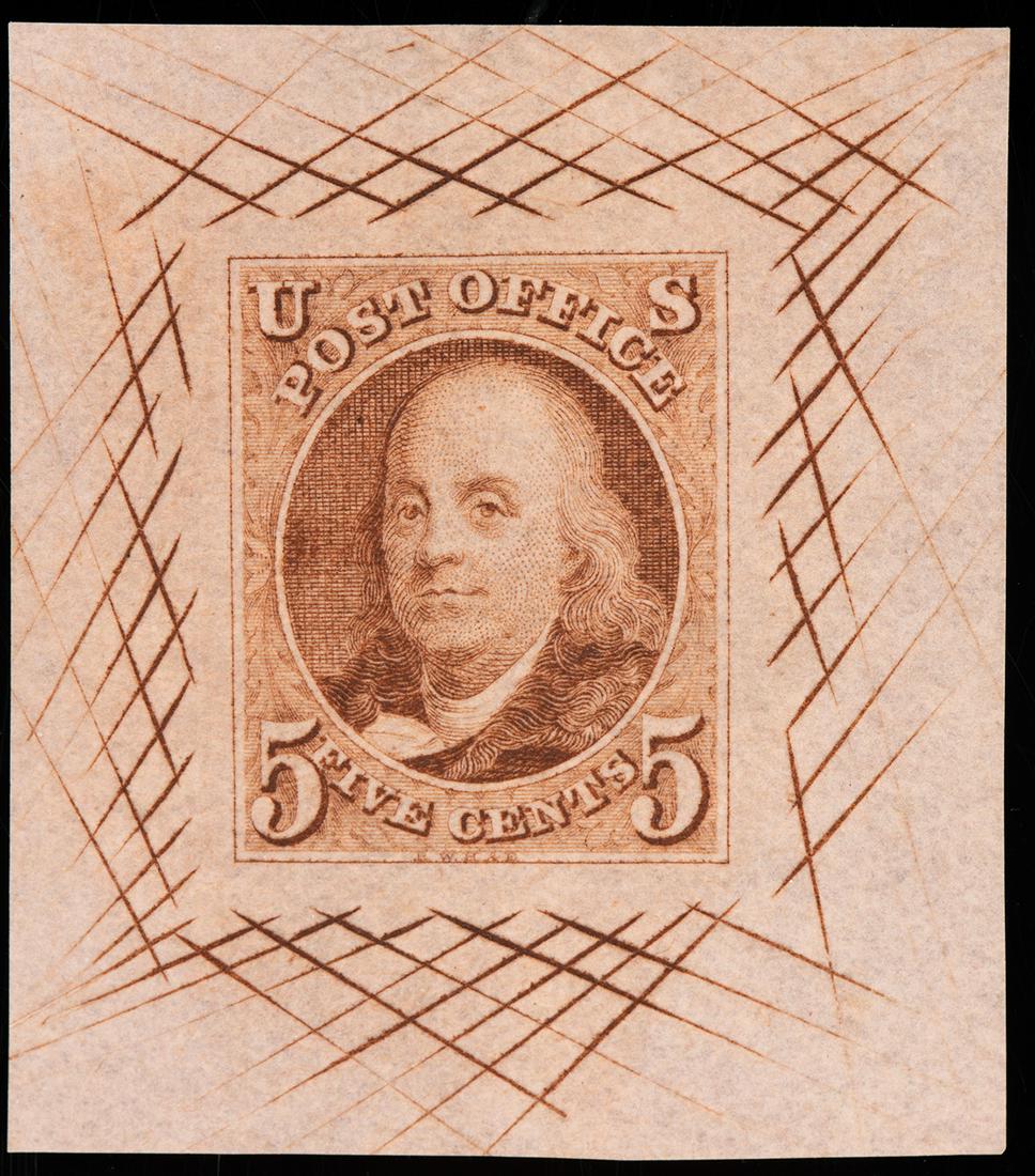 1847, 5Â¢ red brown, large die proof on colored bond: P 1847, 5¢ red brown, large die proof on colored bond paper. Very fine item accompanied with 2005 PSE certificate. Scott No. 1P1b. Estimated Value $800-UP.