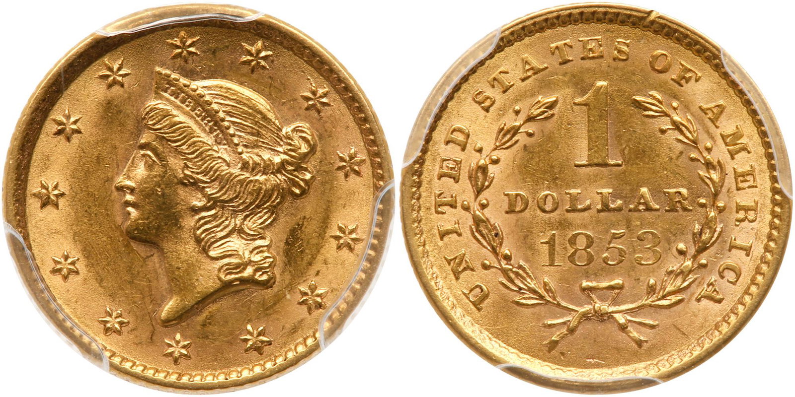 1853 $1 Gold Liberty: 1853. PCGS graded MS-62. CAC. Well struck (PCGS # 7521) Estimated Value $200 - 225