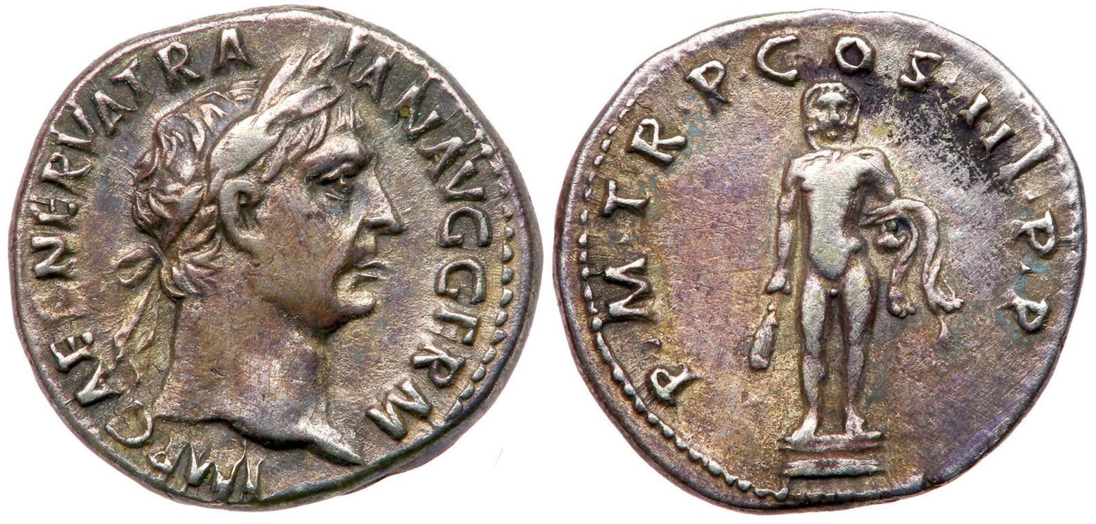 Trajan, AD 98-117. Silver Denarius (3g): Trajan, AD 98-117. Silver Denarius (3g). Struck at Rome, AD 101/2. IMP CAES NERVA TRAIAN AVE GERM, laureate head of Trajan right. Reverse: P M TR P COS IIII P P. Hercules of the Ara Maxima nude, stand