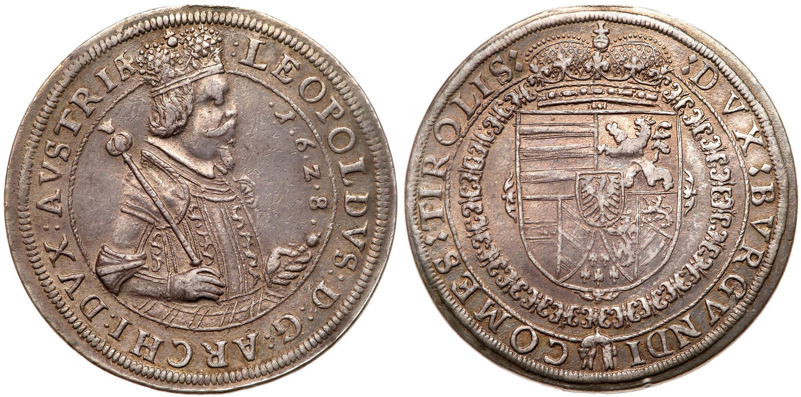 Austria. Taler, 1628 (Hall): Austria. Taler, 1628 (Hall). Dav-3338; KM-629.2. Archduke Leopold as Count of Tyrol, 1626-1632. Crowned half figure with sword and scepter. Reverse; Crowned arms within Order chain. Toned. NGC graded 