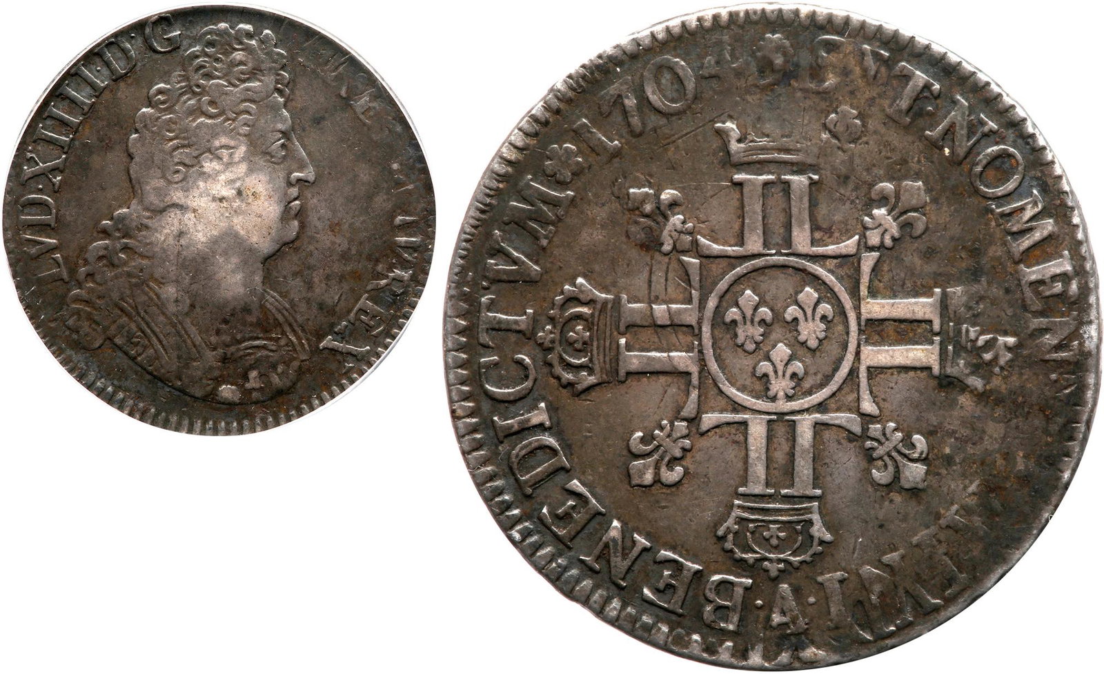 France. Ecu, 1704-A (Paris): France. Ecu, 1704-A (Paris). Dav-1320; KM-360.1. Louis XIV, 1643-1715. Toned. PCGS graded VF-30. Estimated Value $150 - 175