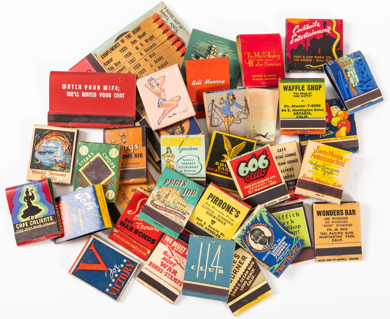 1930s to 1960s Phenomenal Collection of 180+ Vintage: 1930s to 1960s Phenomenal Collection of 180+ Vintage Matchbooks: Los Angeles, New York, Chicago, World War II Related Plus 40 ca. 80s-90s. From a 65 years long resident of Burbank, CA and Warner Broth