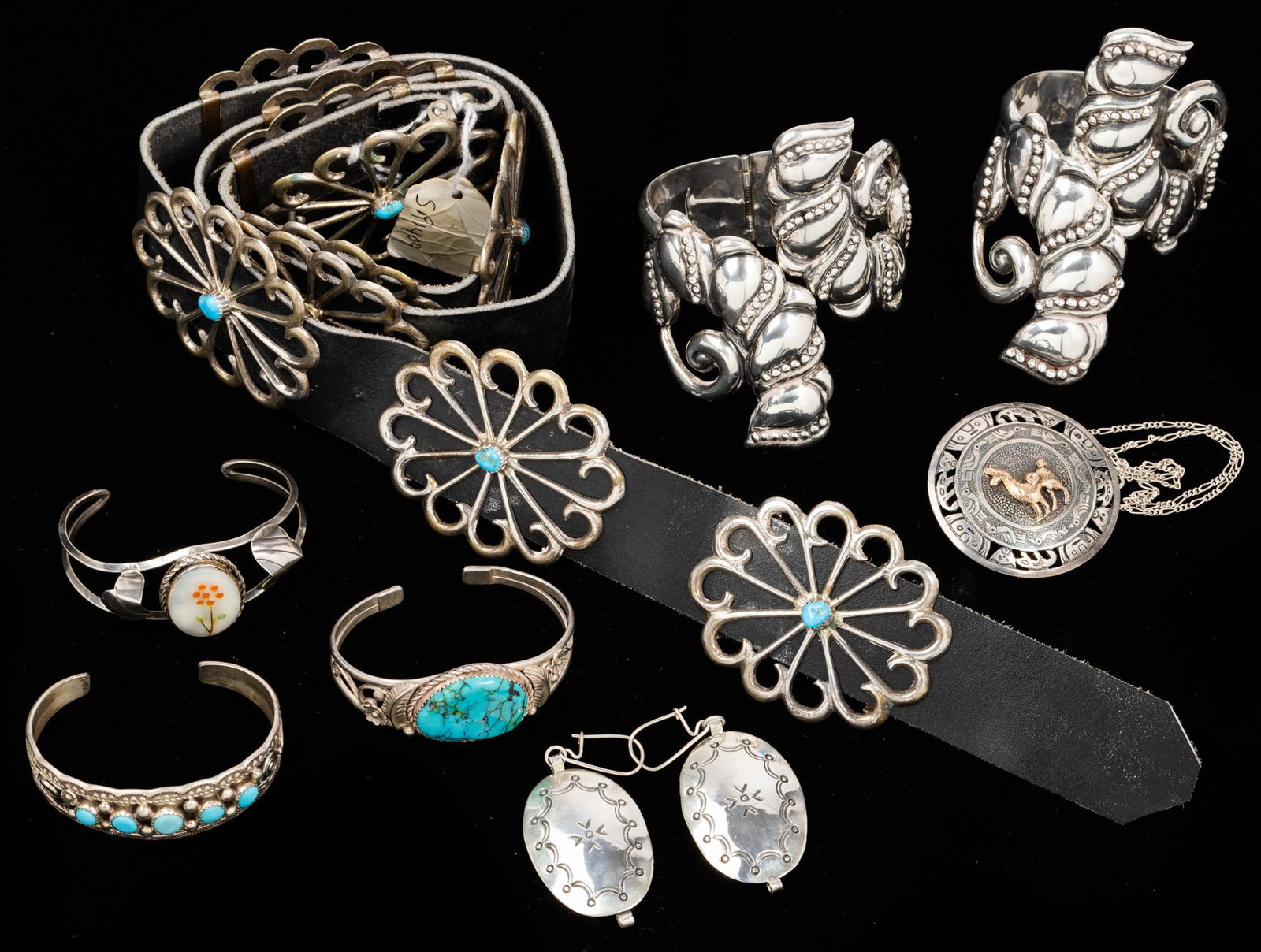 Collection of Sterling Silver Pieces by Native American: Collection of Sterling Silver Pieces by Native American Artists and Artisans of Taxco. Fine collection of sterling silver pieces. The best pieces from Taxco are the pair of large spring-loaded hinged 