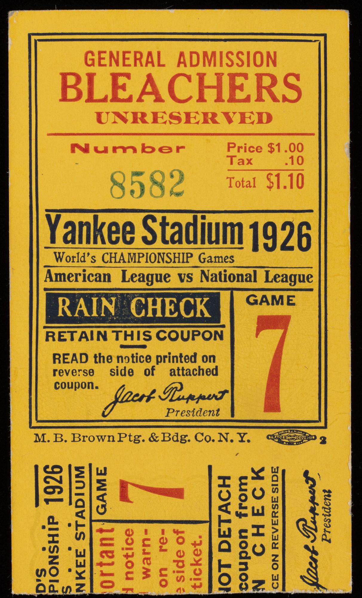1926 World Series Ticket Game 7 Ticket Stub, Yankees (1 of 1)