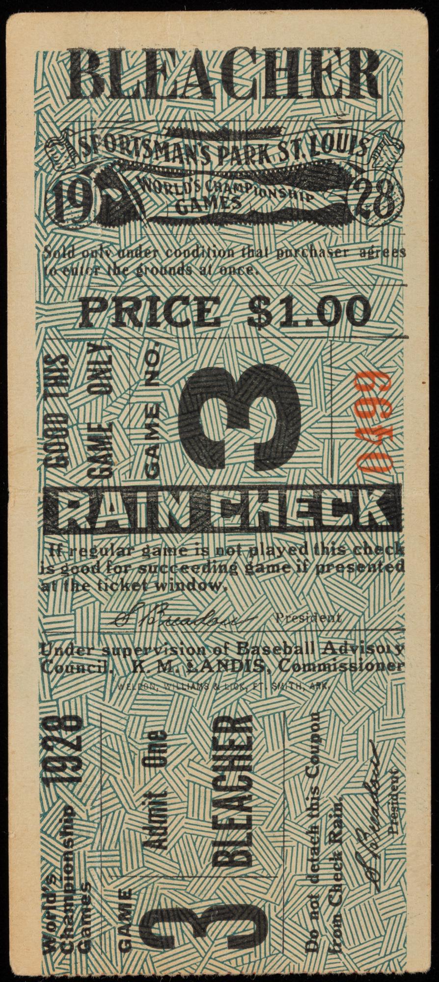 1928 World Series Ticket Game 3, NY Yankees Over St. (1 of 1)