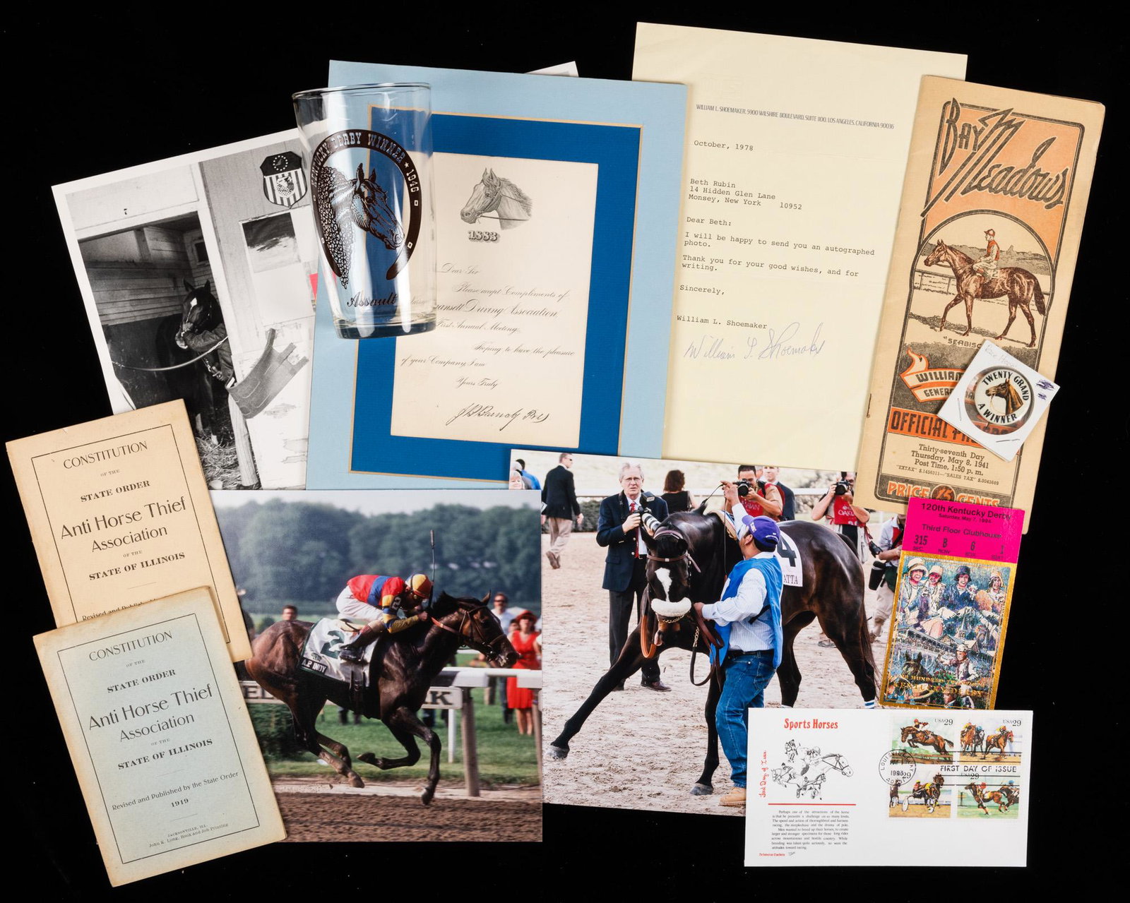 Horse Racing: Vintage Original Pieces 1919-2010:: Horse Racing: Vintage Original Pieces 1919-2010: Secretariat, Seabiscuit, Kentucky Derby, Bay Meadows, Willie Shoemaker TLS + More. Interesting collection of vintage original horse racing materials 1.
