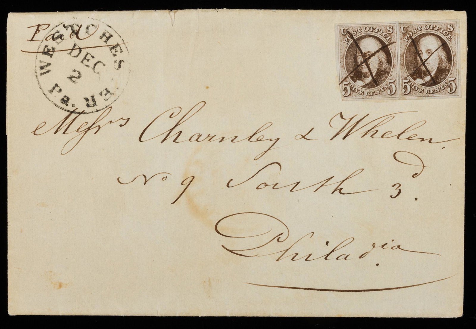 1847, 5Â¢ Two Singles on Folded Letter: o 5¢, Two Singles on Folded Letter. Manuscript cancellation, sent from Westchester, PA (well known Chernley & Whelan correspondence), left stamp in at LL but right stamp with large margins. Manus