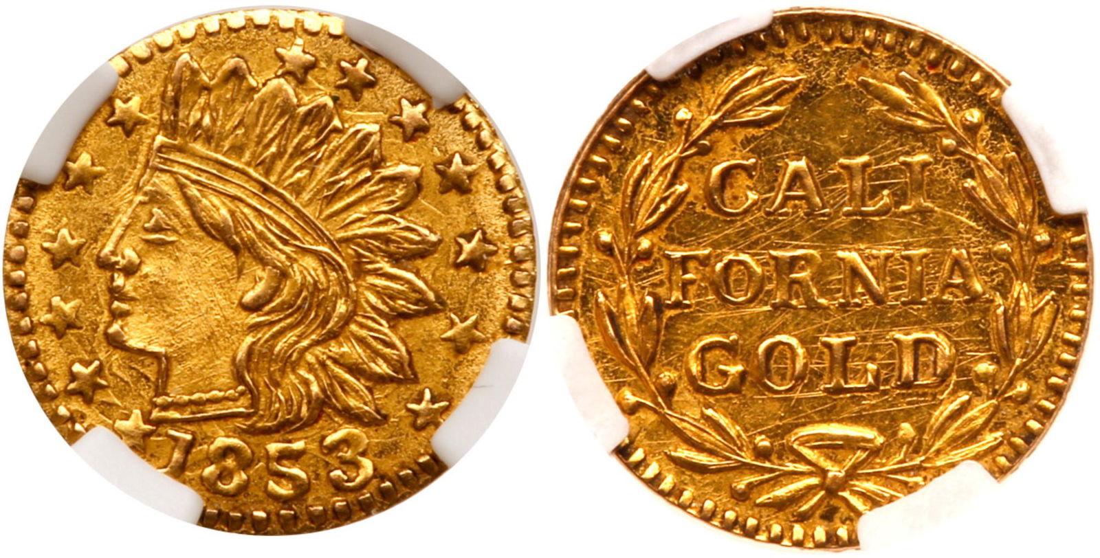 1853-Dated California Gold Token, Indian - Wreath #8, (1 of 2)