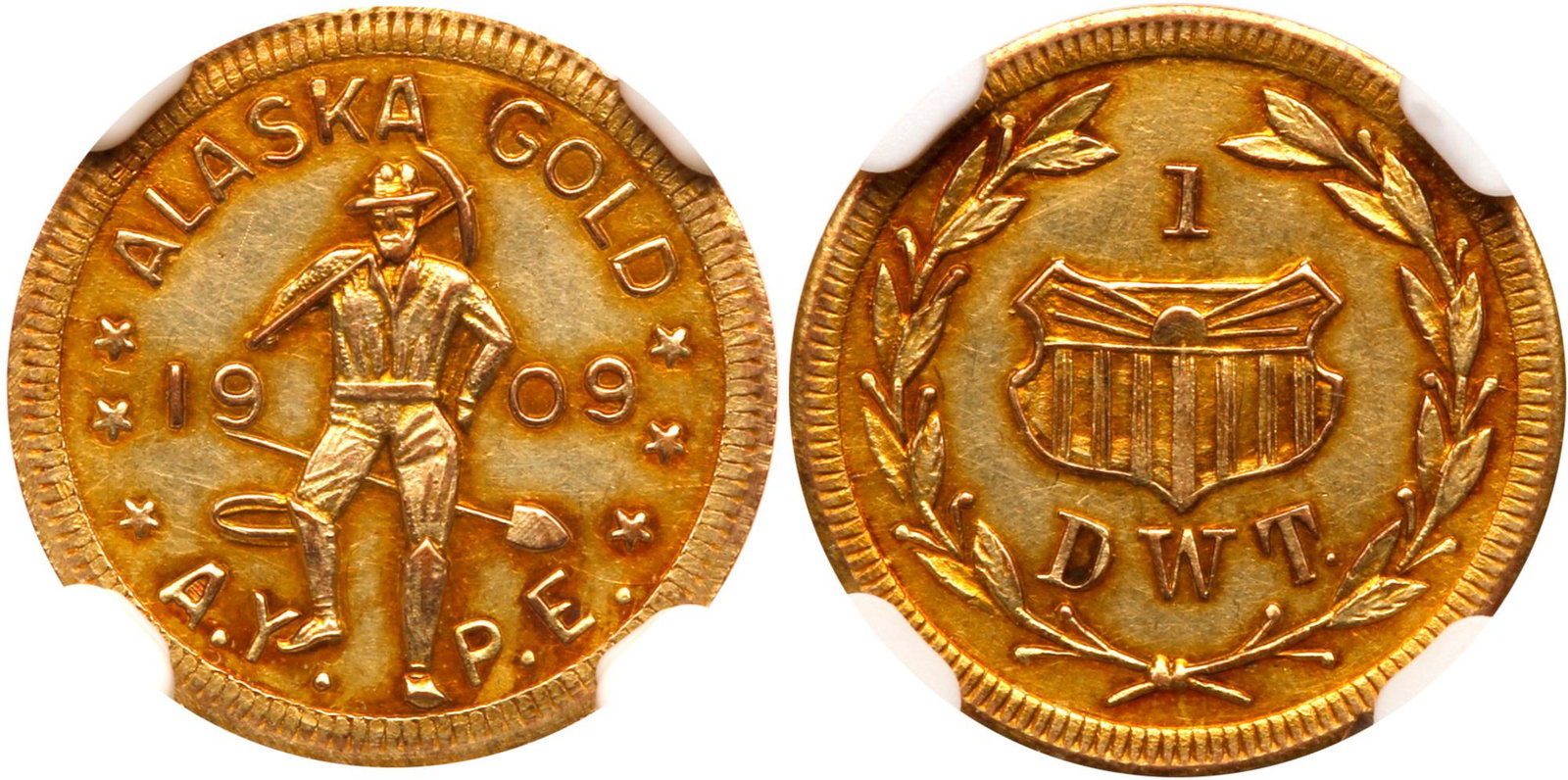 1909 Alaska-Yukon-Pacific Exposition Gold 1 DWT. HK-360: 1909 Alaska-Yukon-Pacific Exposition Gold 1 DWT. HK-360. NGC graded Uncirculated Details, Edge Damage. Hart's Coins of the West. Estimated Value $300 - 325