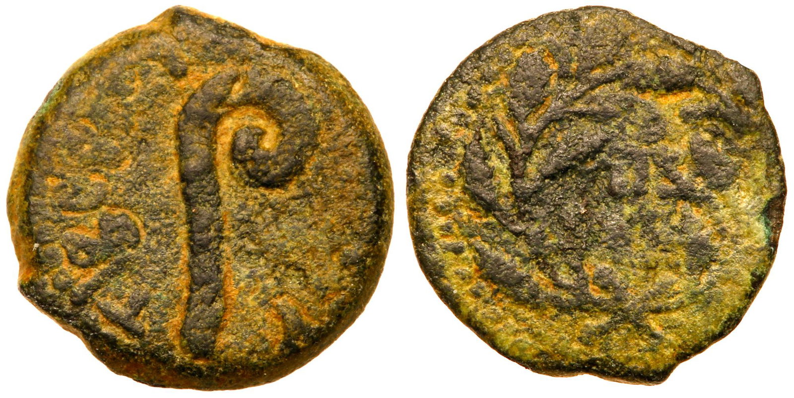 Judea, Procuratorial. Pontius Pilate. Ã† Prutah (2.10: Judea, Procuratorial. Pontius Pilate. Æ Prutah (2.10 g), 26-36 CE. Jerusalem, RY 17 of Tiberius (30/1 CE). TIBEPIOY [KAIC]APOC, lituus. Reverse: Date (L IZ (Z retrograde)) within wreath. Hendin 