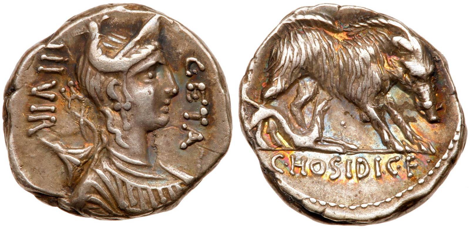 C. Hosidius C.f. Geta. Silver Denarius (3.55 g), 64 BC: C. Hosidius C.f. Geta. Silver Denarius (3.55 g), 64 BC. Rome. GETA before, III VIR behind, diademed and draped bust of Diana right, bow and quiver at shoulder. Reverse: C HOSIDI C F in exergue, the wi