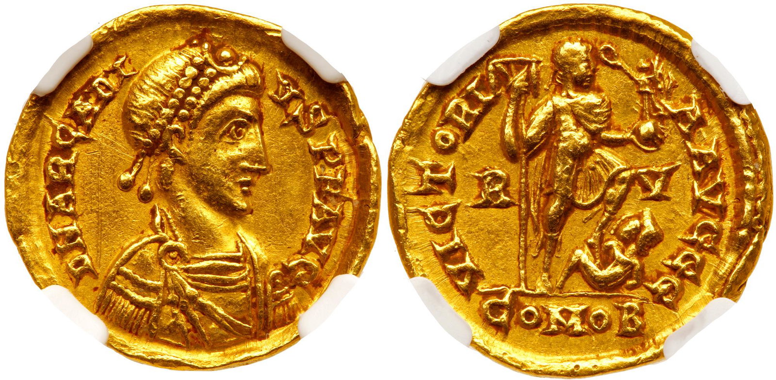 Arcadius, AD 383-408, Gold Solidus (4.46 g): Arcadius, AD 383-408, Gold Solidus (4.46 g). Ravenna, struck AD 402-3 and 405-6. Laurel, diad. and cuir. bust r. Reverse: Emperor in military attire, stg. r. holding standard and Victory his l. foot s