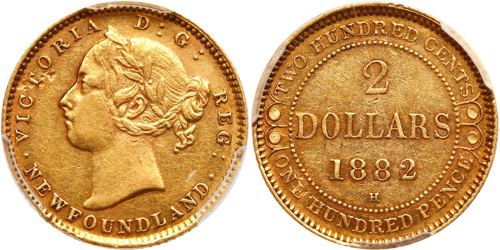 Newfoundland. 2 Dollars, 1882-H: Canada-Newfoundland. 2 Dollars, 1882-H. Fr-1; KM-5. Victoria. Minor flaws. PCGS graded AU-53. Estimated Value $250 - 300