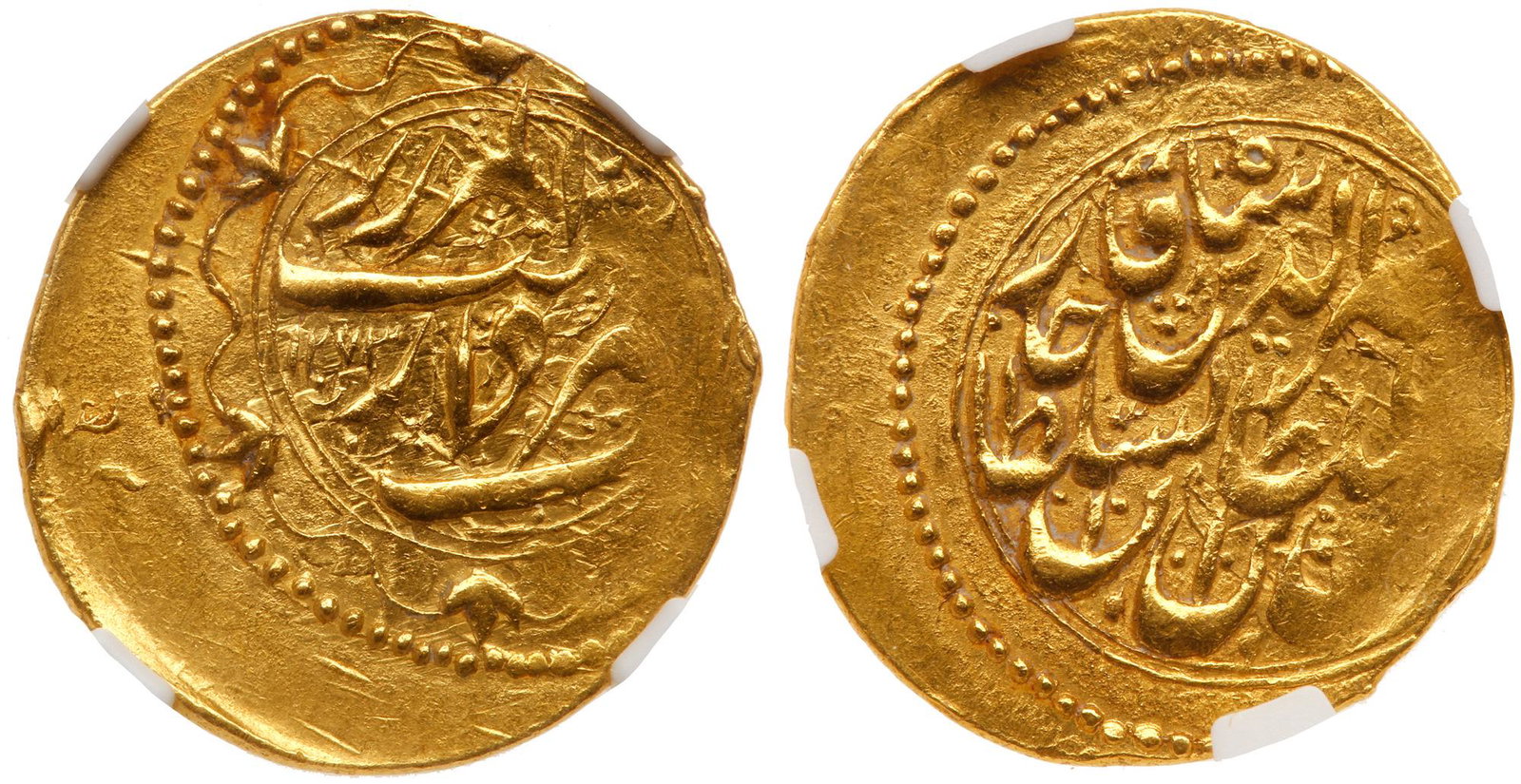 Iran. Toman, AH1273 (1857): Iran. Toman, AH1273 (1857). Fr-45. 3.32g. Nasir Al-Din, 1848-1896. NGC graded AU-58. Estimated Value $250 - 300