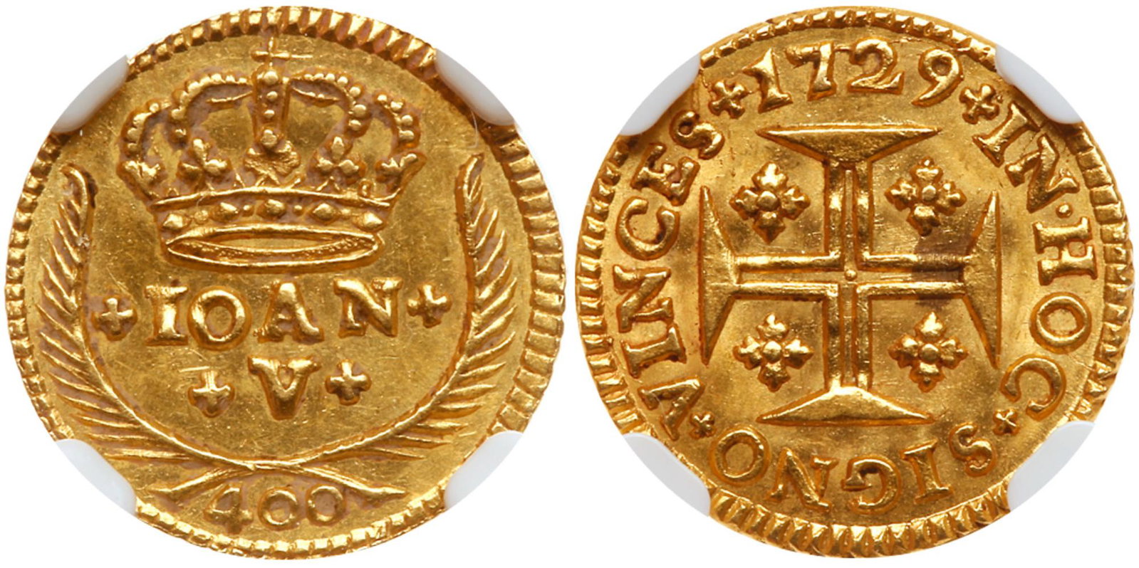 Portugal. 400 Reis, 1729: Portugal. 400 Reis, 1729. Fr-100; KM-201. Joao V, 1706-1750. Crown over name. Reverse; Cross. The finest example graded at NGC. NGC graded MS-65. Estimated Value $600 - 700 Yifu Che Collection.