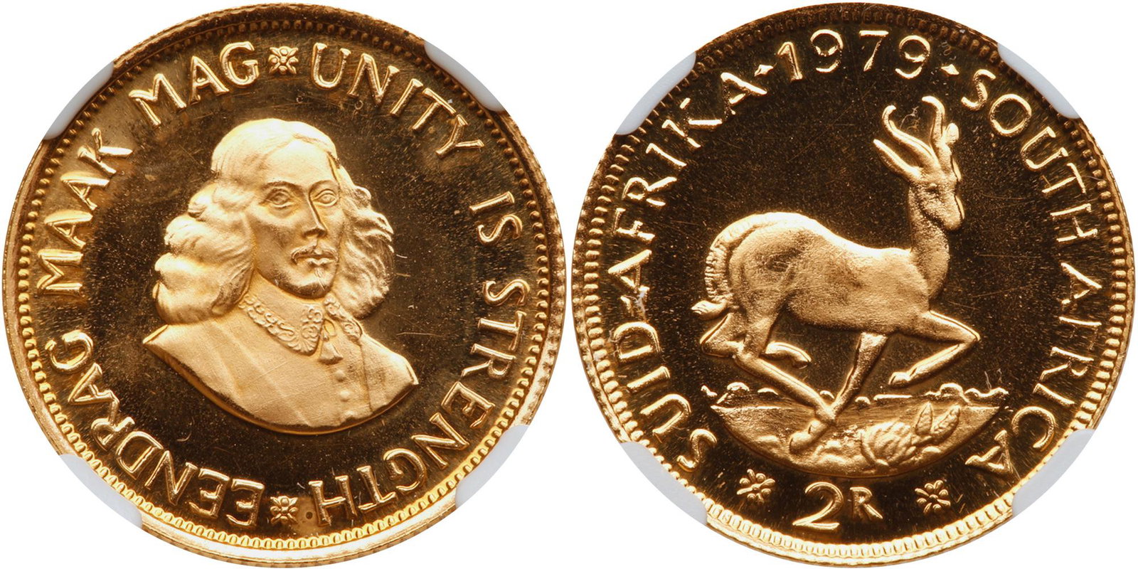 South Africa. 2 Rand, 1979: South Africa. 2 Rand, 1979. KM-64. Weight 0.2355 ounce. Jan van Riebeeck. NGC graded Proof 66 Ultra Cameo. Estimated Value $350 - 375