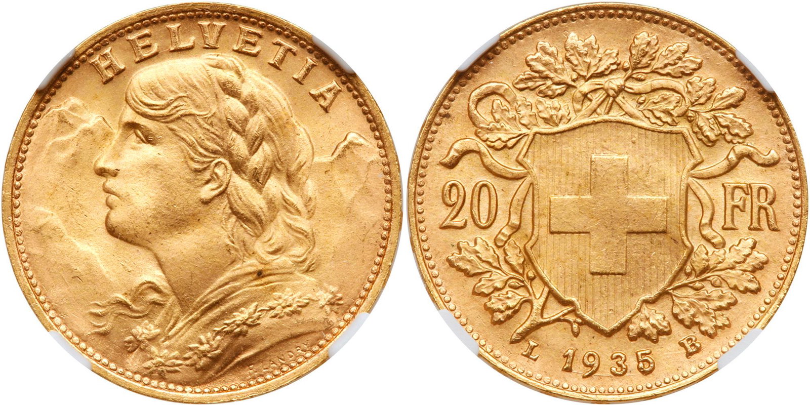 Switzerland. 20 Francs, 1935-LB: Switzerland. 20 Francs, 1935-LB. KM-35.1. Weight 0.1867 ounce. 22 stars on edge. Young head left. NGC graded MS-66. Estimated Value $250 - 275