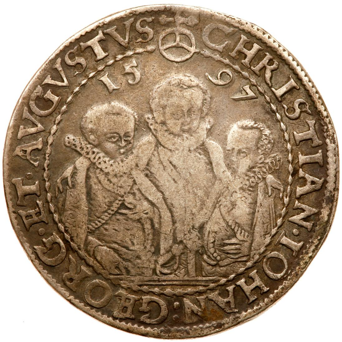 German States: Saxony. Taler, 1597-HB: German States: Saxony. Taler, 1597-HB. Dav-9820. Christian II, Johann Georg, August. Three brothers facing. Reverse; Helmeted arms. NGC graded VF-30. Estimated Value $175 - 200