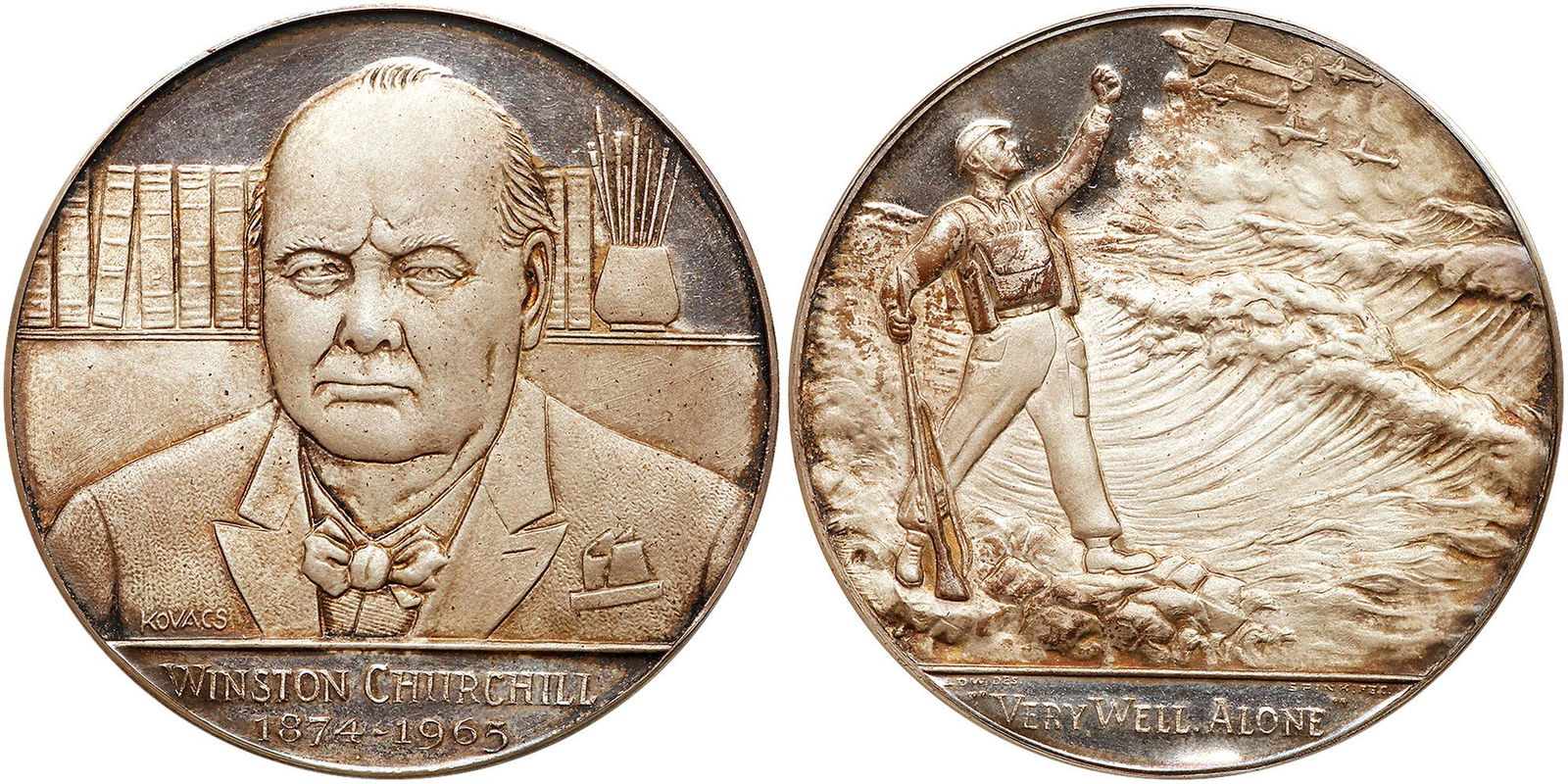 Great Britain. Death Medal Sir Winston Churchill, 1965: Great Britain. Death Medal Sir Winston Churchill, 1965. Eimer-2104a. Silver. 57 mm. By F. Kovacs, struck by Spink & Son, Ltd. Bust facing slightly left, books and paint brushes on a shelf behind. Reve
