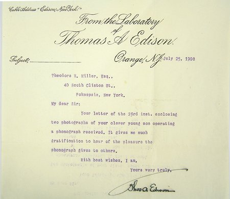 Edison, Thomas A.: Edison, Thomas A (1847-1931) Typed Letter Signed "Thos A Edison," on letterhead engraved "From the Laboratory of Thomas A Edison," one page, Orange, N.J., July 25, 1908 To Theo