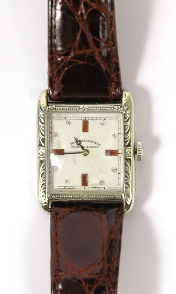 Gents Vacheron Constantin Platine Wristwatch: Gents Vacheron Constantin Platine Wristwatch. Having a square dial with white and red stone markers, a jeweled Vacheron Constantin manual movement #397398, set inside of a platine swiss case #495, art