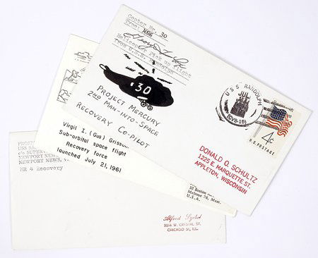 MR-4, 1961, Signed Recovery Helicopter Cover: MR-4, 1961, Signed Recovery Helicopter Cover. Lot of three different recovery cachet covers including 1) a July 21, AM cover, signed by helicopter co-pilot George Cox,and with a USS Randolph (