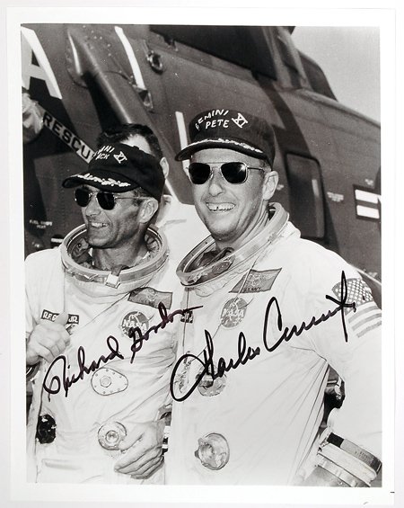 GT-11, 1966, Charles Conrad & Richard Gordon Autog: GT-11, 1966, Charles Conrad & Richard Gordon Autographs (black Sharpie) on an 8x10" black and white photo of them standing alongside of the recovery helicopter. Attractive and unusual. Fro