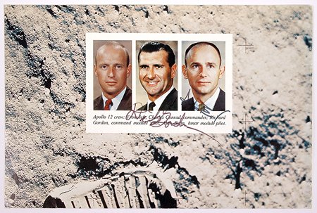 Apollo 12, 1969, Dick Gordon and Alan Bean Autogra: Apollo 12, 1969, Dick Gordon and Alan Bean Autographs. On a folded Life magazine (?) color print of Neal Armstrong's bootprint on the lunar surface. The horizontal fold is well clear of th