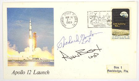 Apollo 12, 1969, Launch Envelope: Apollo 12, 1969, Launch Envelope. Signed Richard Gordon and Alan Bean. The Cover has a multicolor printed launch cachet and a November 14, 1969 KSC pictorial cancel. A couple of minor tone spots and a