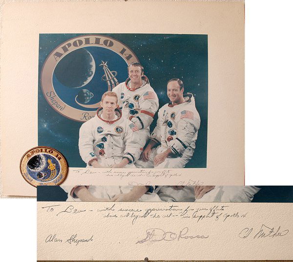 Apollo 14, Crew-Signed Presentation Plaque: Apollo 14, Crew-Signed Presentation Plaque (18x15.5") This unframed white matte has a color crew photo (14x10.5") and a CREW PATCH (4") attached. The matte is inscr
