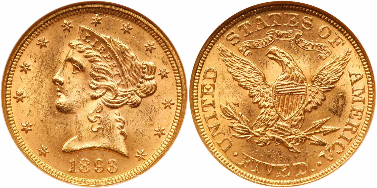 1893 $5 Liberty. NGC MS63: 1893. NGC graded MS-63. Frosty and untoned (PCGS # 8383) Estimated Value $500 - 525