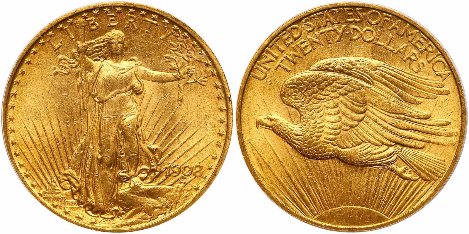 1908 $20 St. Gaudens. No motto. PCGS MS63: 1908. No motto. PCGS graded MS-63. Lightly toned (PCGS # 9142) Estimated Value $1,600 - 1,650