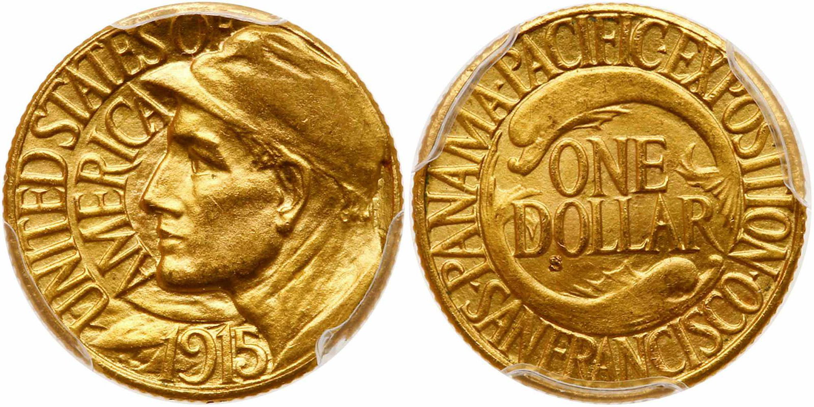 1915-S Panama-Pacific Gold Dollar. PCGS MS63: 1915-S Panama-Pacific Dollar. PCGS graded MS-63. A sparkling untoned example. Only 15,000 struck (PCGS # 7449) Estimated Value $375 - 400