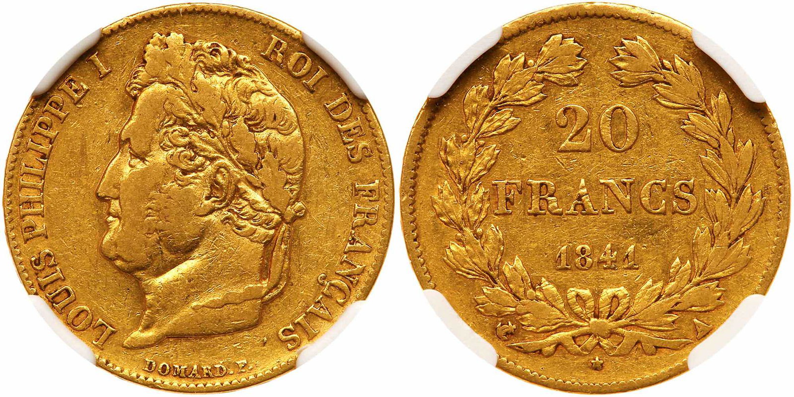 France. 20 Francs, 1841-A (Paris). NGC VF30: France. 20 Francs, 1841-A (Paris). Fr-560; KM-750.1. Louis Philippe I. Laureate head left. Reverse; Value and date within wreath. NGC graded VF-30. Estimated Value $275 - 325