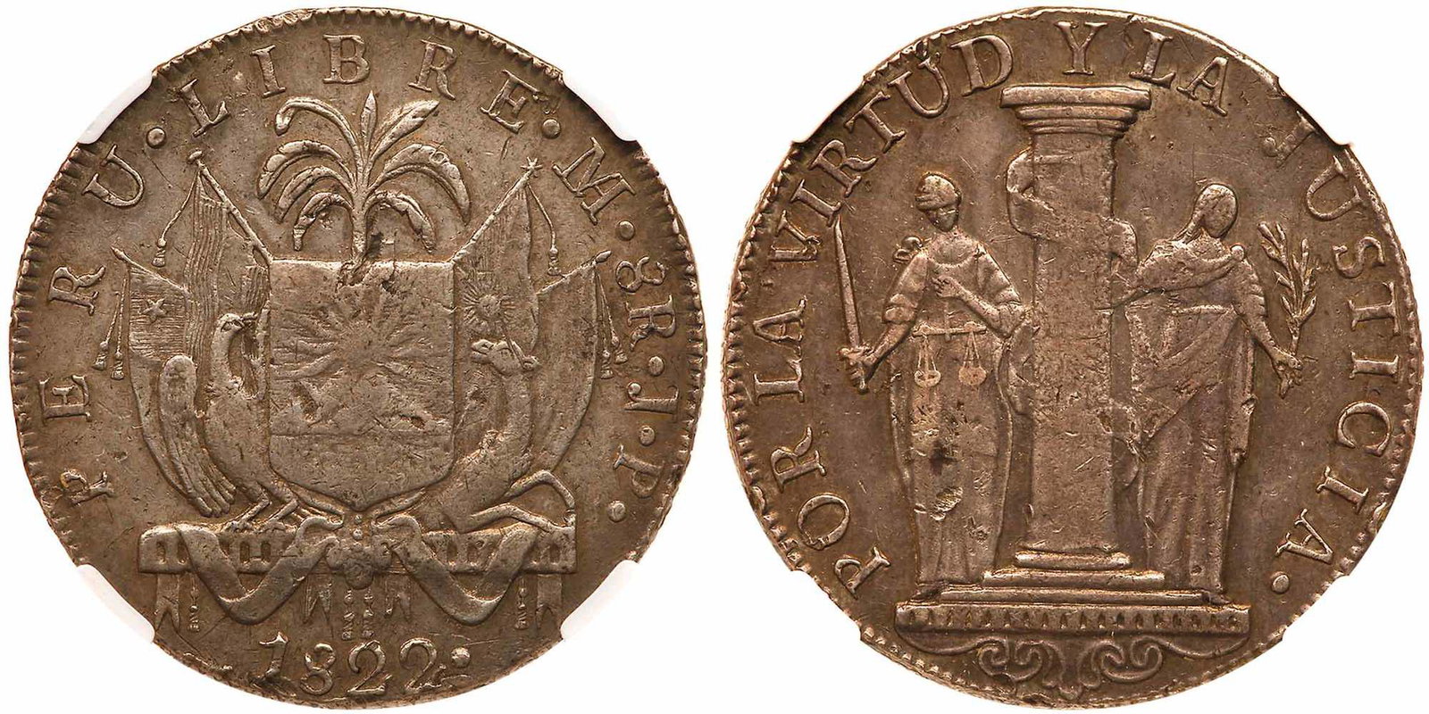 Peru. 8 Reales, 1822-JP (Lima). NGC EF40: Peru. 8 Reales, 1822-JP (Lima). Eliz-98; KM-136. Republic. Coat of arms with flags draped behind. Reverse; Virtue and Justice standing on either sides of column. NGC graded EF-40. Estimated Value $200