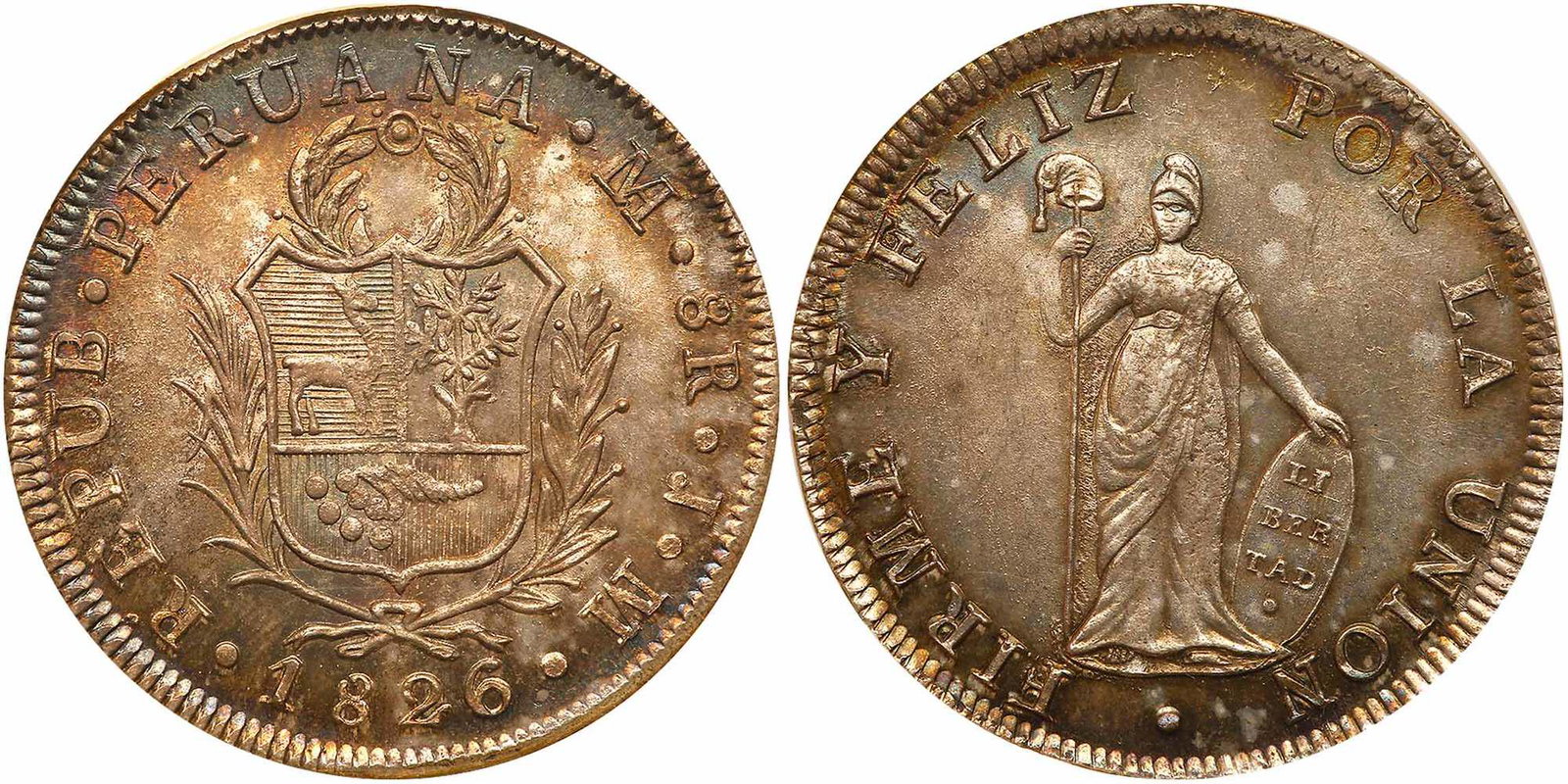 Peru. 8 Reales, 1826-JM (Lima). ANACS MS62: Peru. 8 Reales, 1826-JM (Lima). Eliz-101; KM-142.1. Republic. Standing liberty. Attractively toned with considerable original mint luster. ANACS graded MS-62. Estimated Value $350 - 400