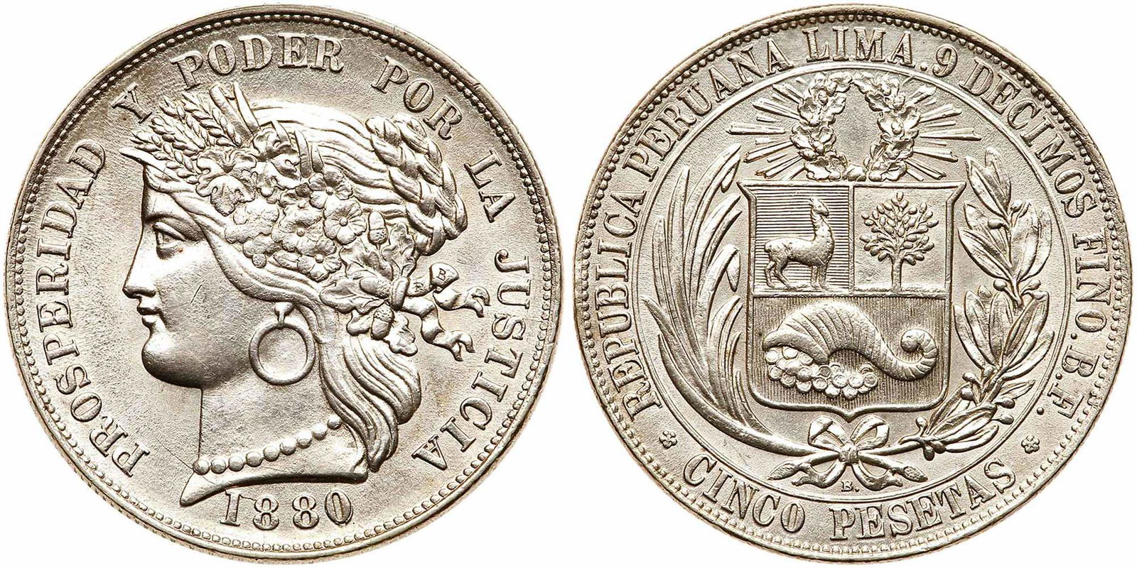 Peru. 5 Pesetas, 1880-BF (Lima). EF-AU (1 of 3)