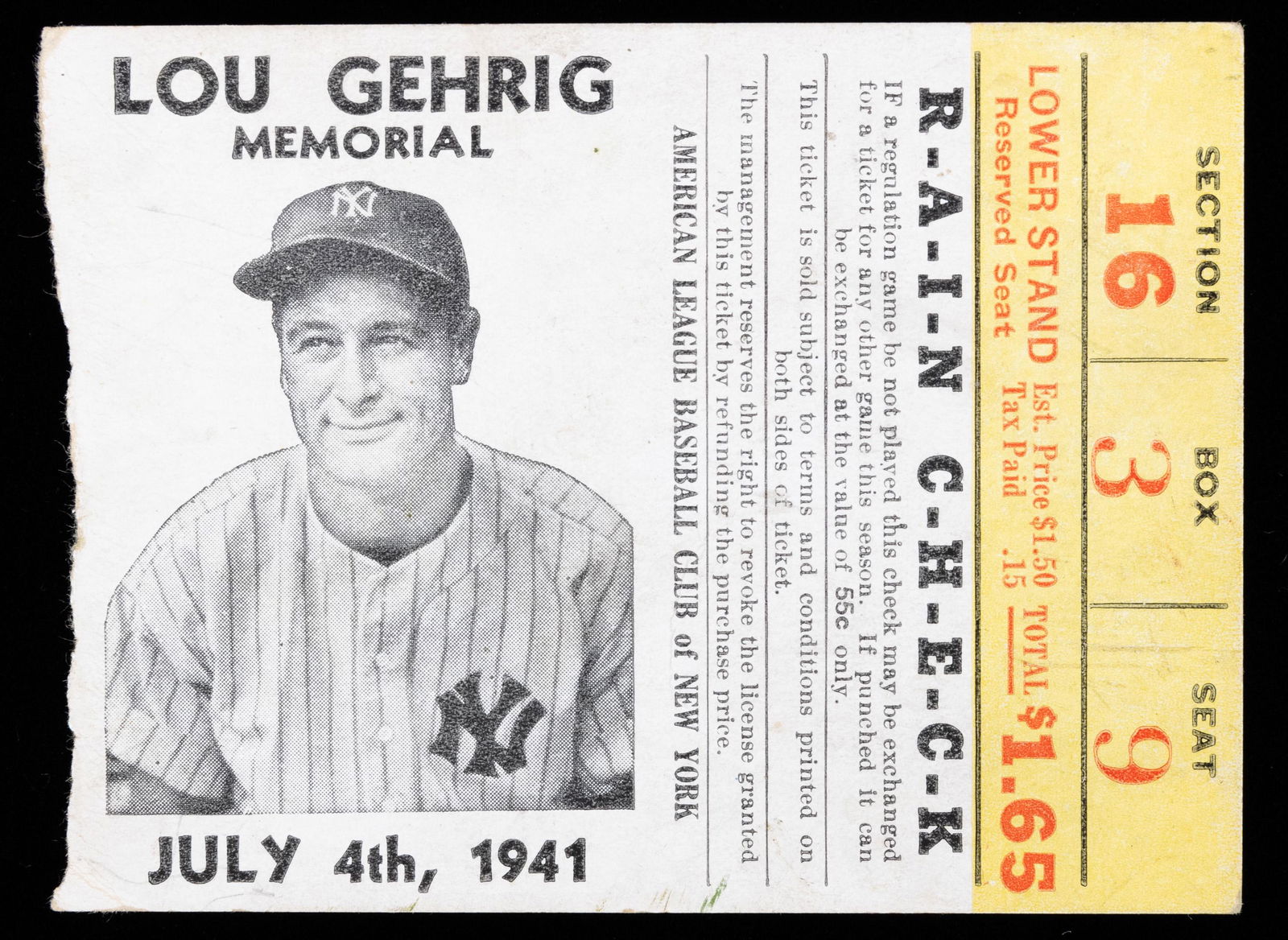 Scarce Lou Gehrig Memorial Game Ticket Stub, July 4th, (1 of 1)