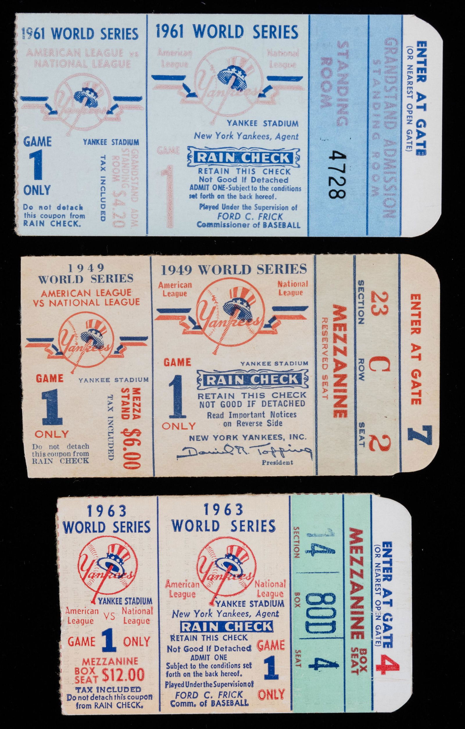 Three World Series Ticket Stubs: 1949 Yankees vs (1 of 1)