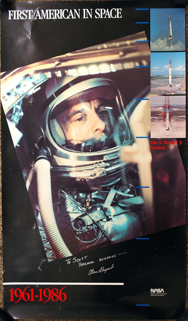 MR-3, 1961, NASA 25th Anniversary First American i: MR-3, 1961, NASA "25th Anniversary" First American in Space" Poster (17.5x30.5"). A multicolor poster depicting Alan Shepard in his space capsule. Shepard has inscribed and aut