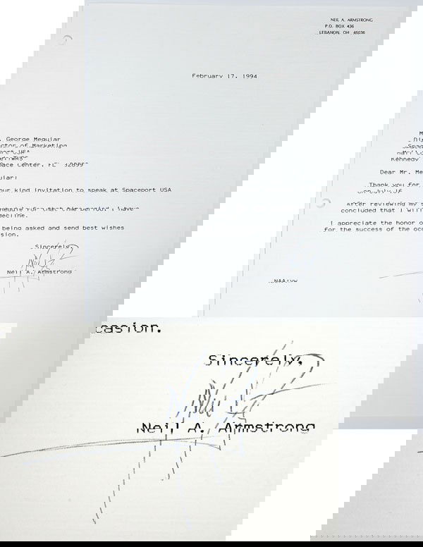 Apollo 11, 1969, Neil Armstrong Autograph: Apollo 11, 1969, Neil Armstrong Autograph. On a 1994 typed letter with handstamped Lebanon, Ohio letterhead in which Armstrong pleads a conflict re not being able to speak at Spaceport USA. Boldly sig