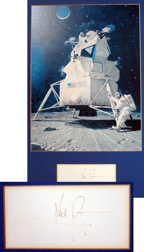 Apollo 11, 1969, Neil Armstrong Autograph: Apollo 11, 1969, Neil Armstrong Autograph (faded) on a cut paper (4.5x2") matted (11.5x18") with Norman Rockwell's artist's rendition color picture of Armstrong