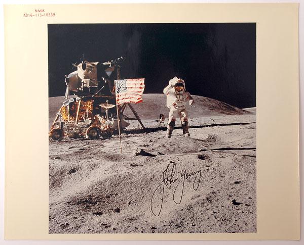 Apollo 16, 1972, John Young Autograph: Apollo 16, 1972, John Young Autograph. On a NASA 8x10" color glossy photo (with red ID number)of him on the lunar surface. Boldly signed. Pristine. Estimated Value $150 - 250.