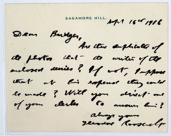 Roosevelt, Theodore: Roosevelt, Theodore (1858-1919) 26th President of the United States (1901-1909). Autograph Letter Signed "Theodore Roosevelt" on engraved Sagamore Hill note card, Sept. 16, 191