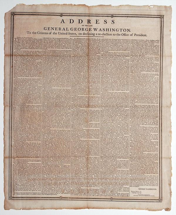 [Washington, George]: [Washington, George]. Broadside of Washington's Farewell Address, issued upon his death. ADDRESS OF THE LATE GENERAL GEORGE WASHINGTON, TO THE CITIZENS OF THE UNITED STATES, ON DECLINING RE-ELECTI