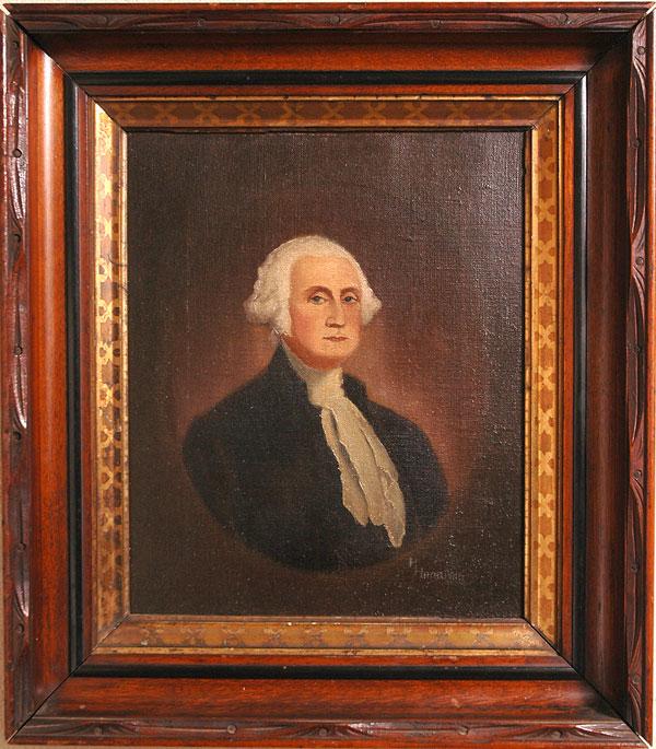 [Washington, George]: [Washington, George]. Oil painting by R. Harrison, Jr., c. 1860-1880., 12 x 9½ in., framed to an overall size of 17 x 15 in. The portrait of Washington is after Gilbert Stuart's unfinished