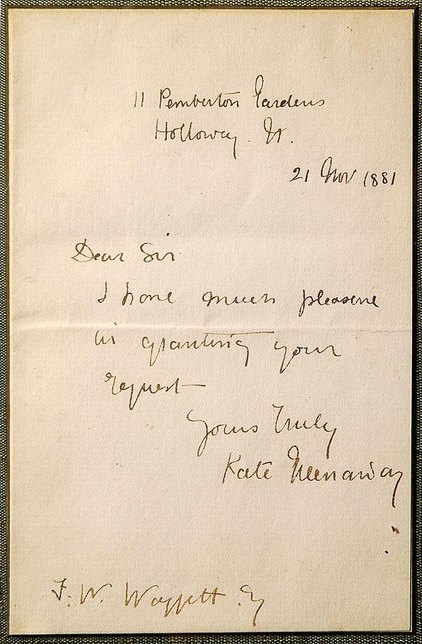 Greenaway, Kate: Greenaway, Kate (1846-1901) British children's book illustrator and writer. Autograph letter signed, 1p, 6 x 4 in., 11 Pemberton Gardens, Holloway, N., Nov. 21, 1881. To F.W. Wappett: "