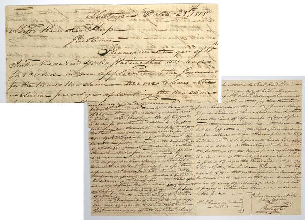 1818 Letter Regarding Insurance For Slaves: 1818 Letter Regarding Insurance For Slaves. Autograph Letter Signed by William Forsyth to firm of Karrick & Harper in Baltimore about a contract for a mud machine and acquiring insurance for a cargo o